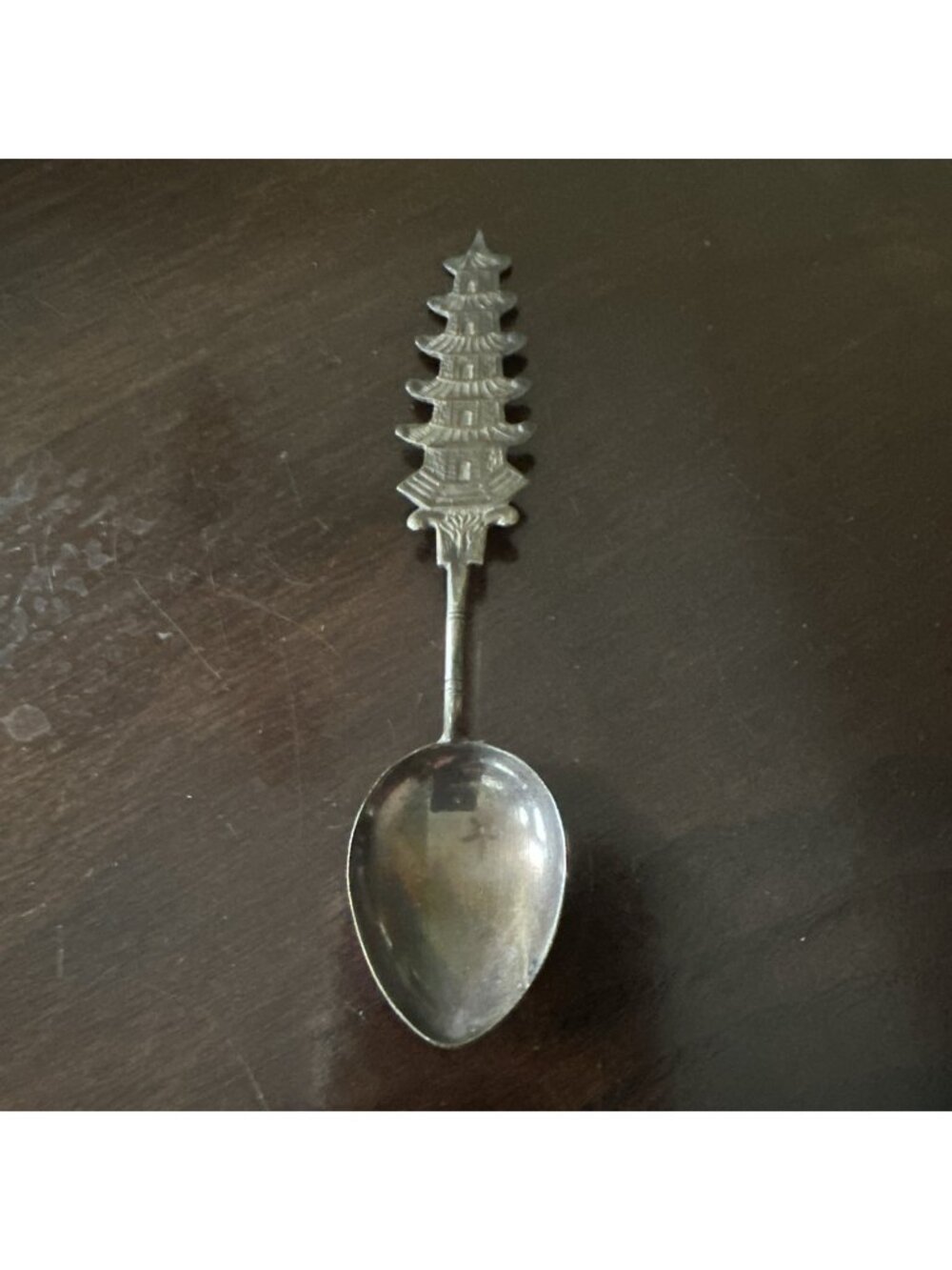 Asian Pagoda Temple Sterling Silver Spoon Souvenir 4 inches Vintage Patina